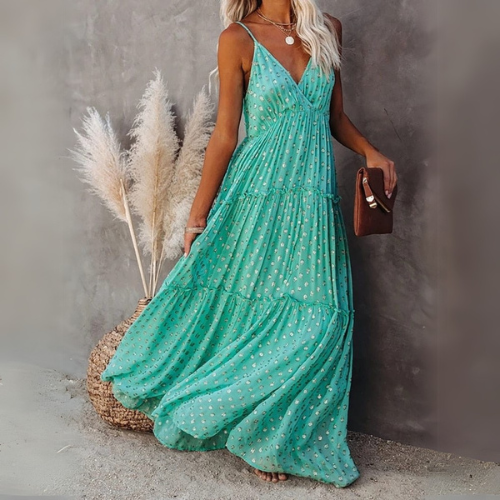 Evi | Vestido Maxi Verde Con Escote En V Y Estampado Ibicenco De Verano