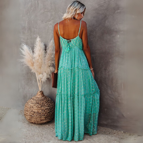 Evi | Vestido Maxi Verde Con Escote En V Y Estampado Ibicenco De Verano