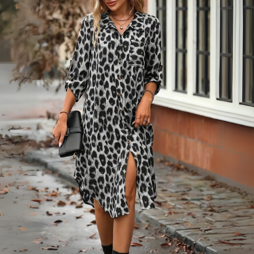 Vestido Camisero de Leopardo con Mangas Elegantes