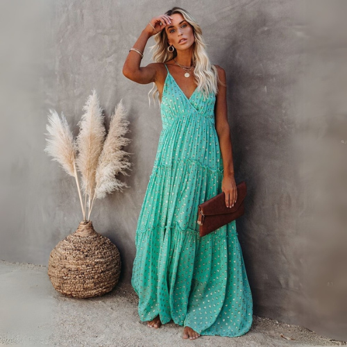 Evi | Vestido Maxi Verde Con Escote En V Y Estampado Ibicenco De Verano