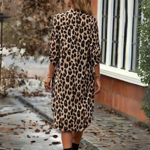 Vestido Camisero de Leopardo con Mangas Elegantes